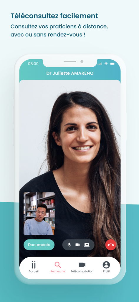 Maiia - Téléconsultation & RDV - A smartphone screen showing a video consultation with a doctor on the Maiia app