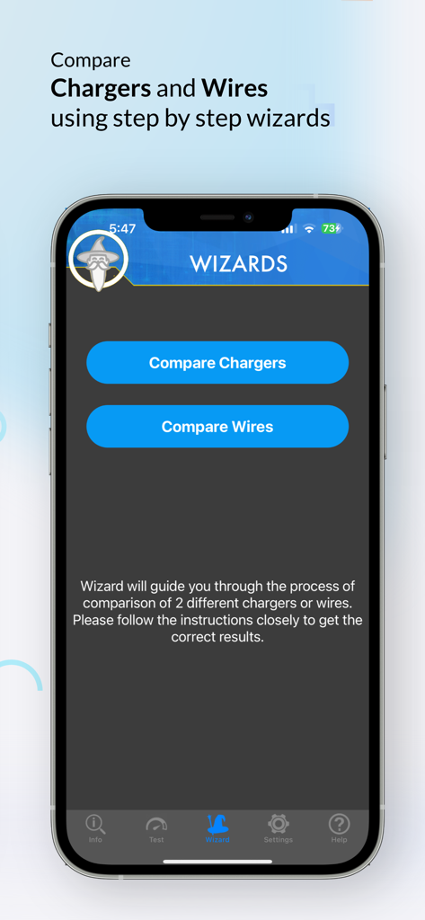 iPhone screen displaying the wizard feature to compare charging cables and wall chargers in the Amperes app