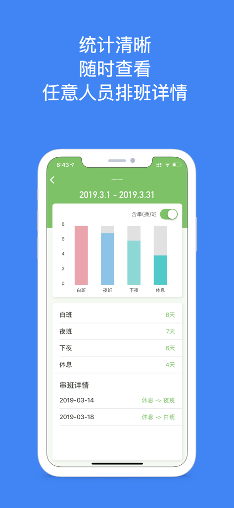 小渔排班 - 倒班工作者的专属日历 - Écran de l'application mobile montrant les statistiques des quarts de travail et un graphique à barres pour le suivi de l'horaire mensuel.