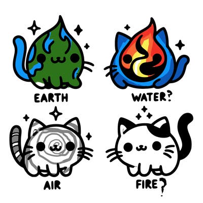 4 cats that represent the different elements, earth, water, air, and fire