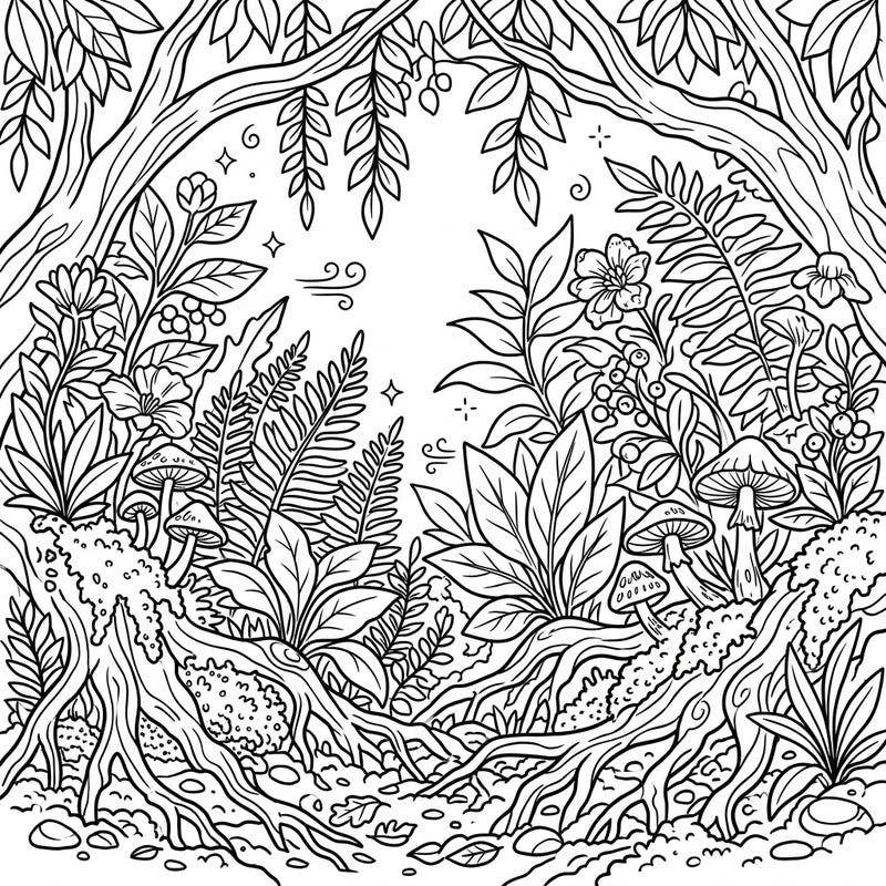 Step into a vibrant summer forest with this intricate coloring page, alive with the feel of earthy fragrances and lush plant life. Discover exposed roots, detailed ferns, and tiny mushrooms awaiting your creative touch.