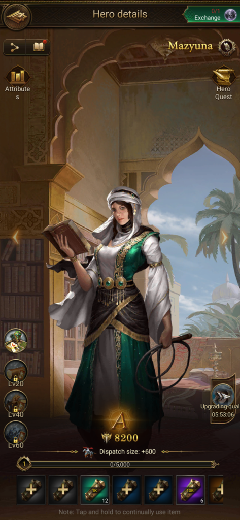A screenshot of the character Mazyuna in the hero details menu of Revenge of Sultans.