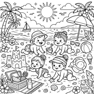 Get ready for a heartwarming summer adventure with these delightful crawling babies enjoying a sunny beach day. This charming coloring page is packed with adorable details, perfect for sparking creativity in young colorists and adults alike.