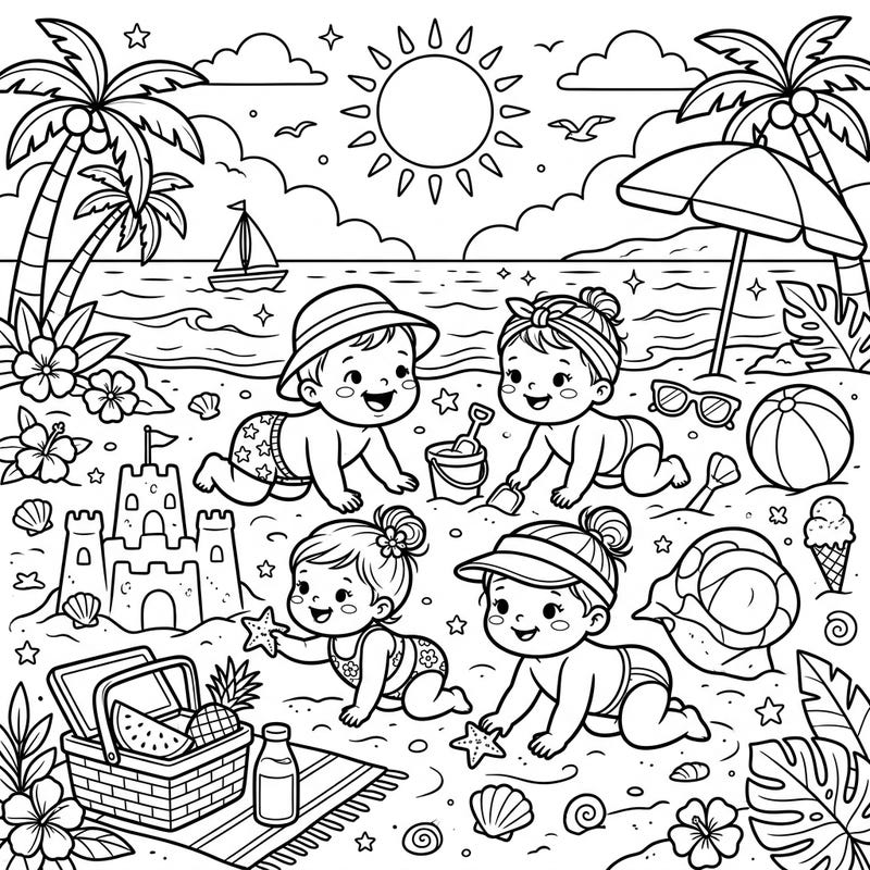 Get ready for a heartwarming summer adventure with these delightful crawling babies enjoying a sunny beach day. This charming coloring page is packed with adorable details, perfect for sparking creativity in young colorists and adults alike.