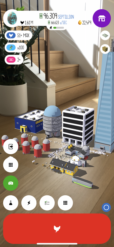 Augmented reality mode of Egg Inc showing a 3D chicken farm on a wooden floor
