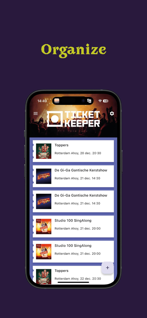 Smartphone screen showing the Ticketkeeper app interface with an organized list of event tickets in a digital wallet