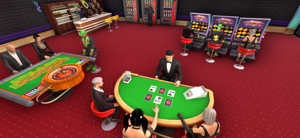 Casino Empire: Manager Games - Vista interior de um salão de cassino virtual com mesas de jogo e máquinas caça-níqueis