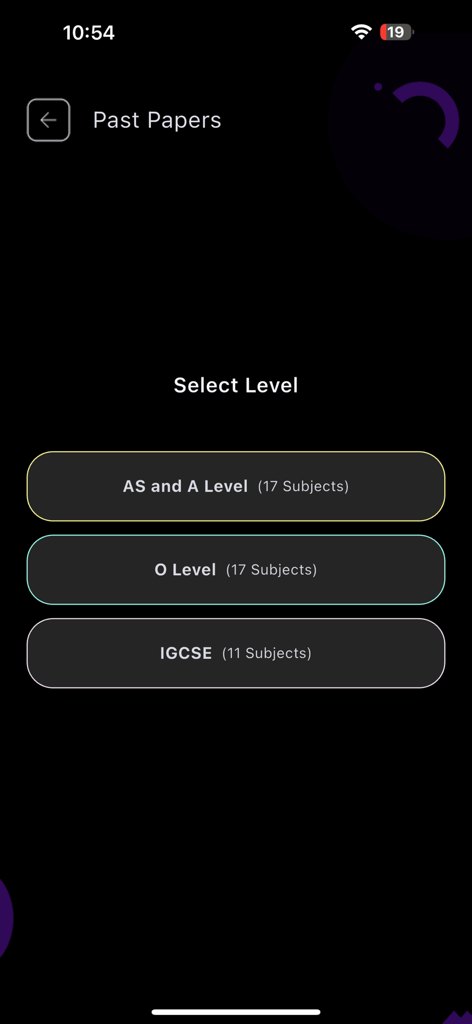 IVY Online - Learning Platform - Selection screen for AS and A Level, O Level, and IGCSE past papers on the IVY Online app