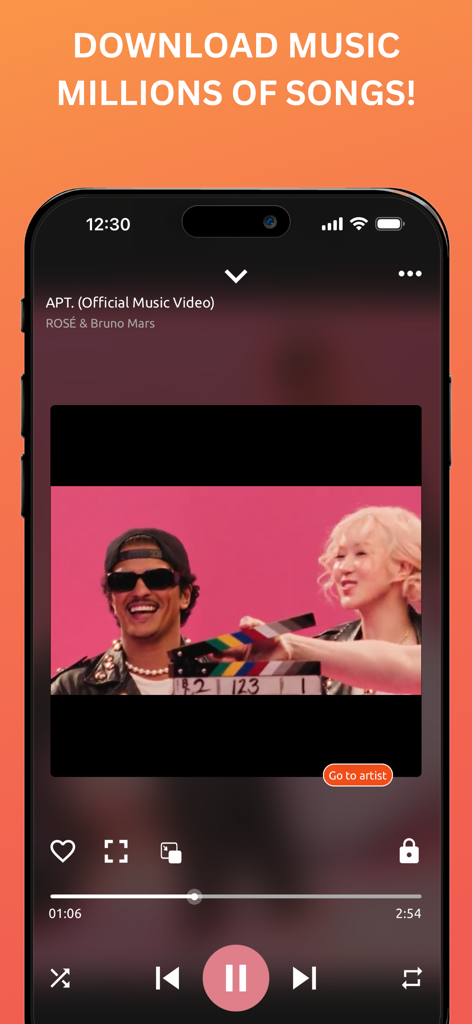 Smartphone displaying a music video player interface with play controls and a video of Rose and Bruno Mars