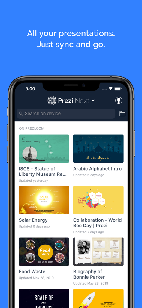 Prezi Viewer app displaying a library of presentations synced on an iPhone.
