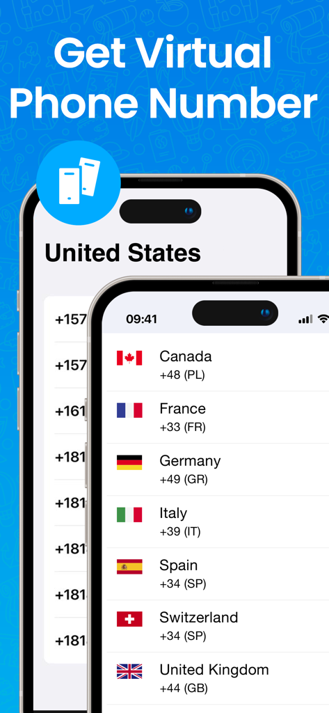 X for Telegram Messenger - Screenshot showing a list of countries including Canada France and Germany for selecting a virtual phone number
