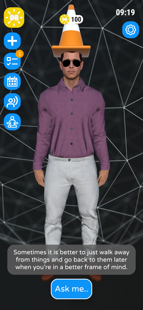 Daily Buddy - Interfaz de la aplicación Daily Buddy que presenta un avatar 3D que brinda consejos de bienestar mental y opciones de interacción social