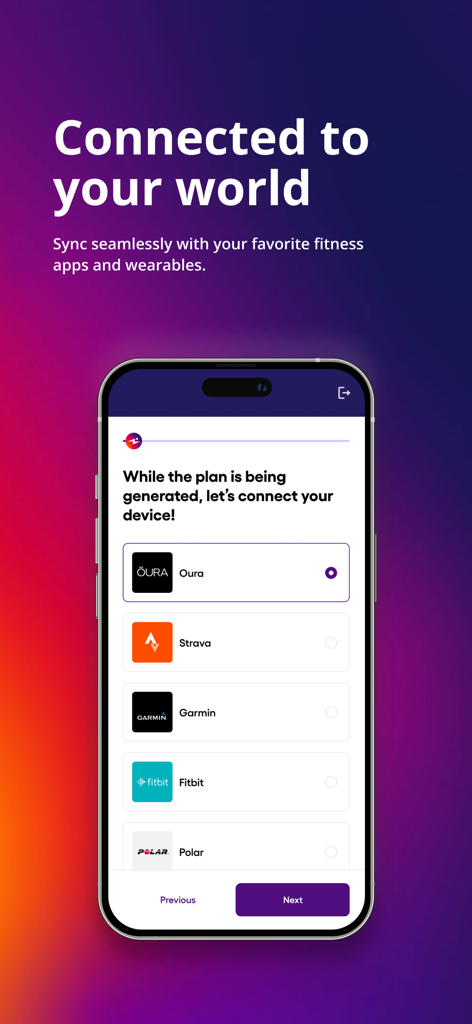 Humango: AI Training Planner - Interface of the Humango app showing options to connect with fitness apps and wearables like Oura, Strava, and Garmin