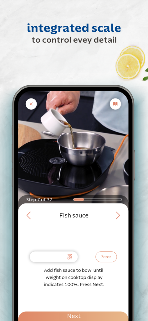 Tramontina Guru - A smartphone displaying a guided cooking step in the Tramontina Guru app using an integrated scale to measure fish sauce