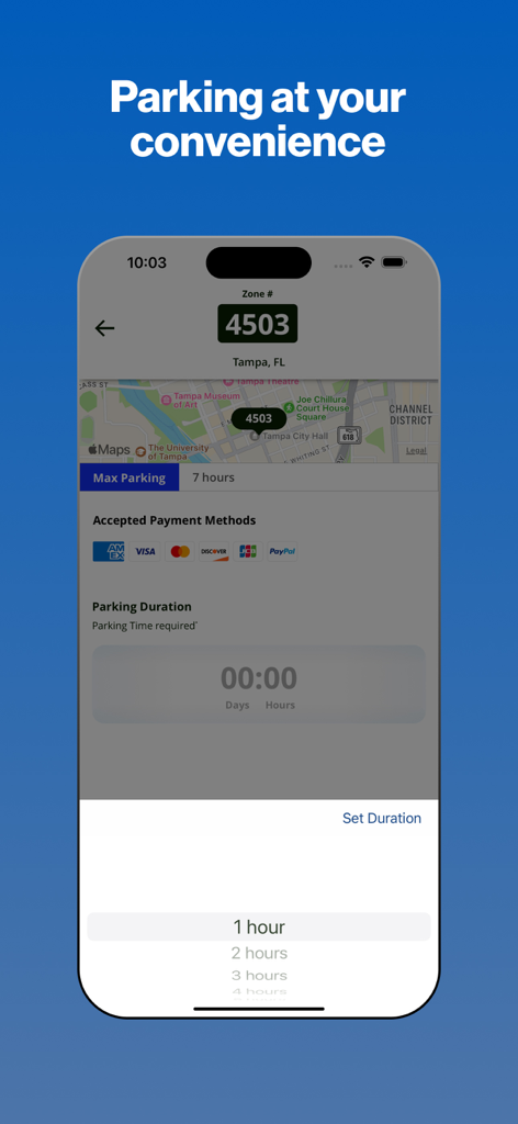717 Parking app interface showing parking duration selection and accepted payment methods in Tampa Florida