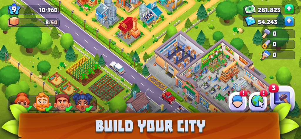 Supermarket Village—Farm Town - A bird eye view of a supermarket and adjacent farm fields with crops in the game Supermarket Village