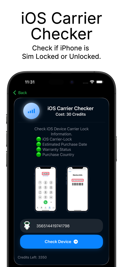 Interfaz del Verificador de Operador de iOS para verificar el estado del bloqueo de SIM y la garantía del iPhone.