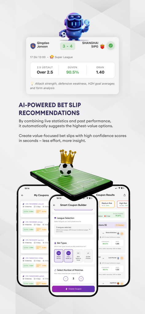 Super Score AI - Tips - Super Score AI mobile app interface showing AI-powered bet slip recommendations and a smart coupon builder