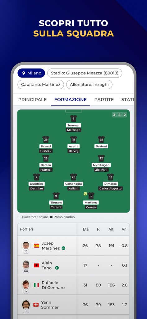 Inter Live - News & Matches - Mobile app screen showing Inter Milan tactical 3-5-2 formation with player positions and list of goalkeepers.