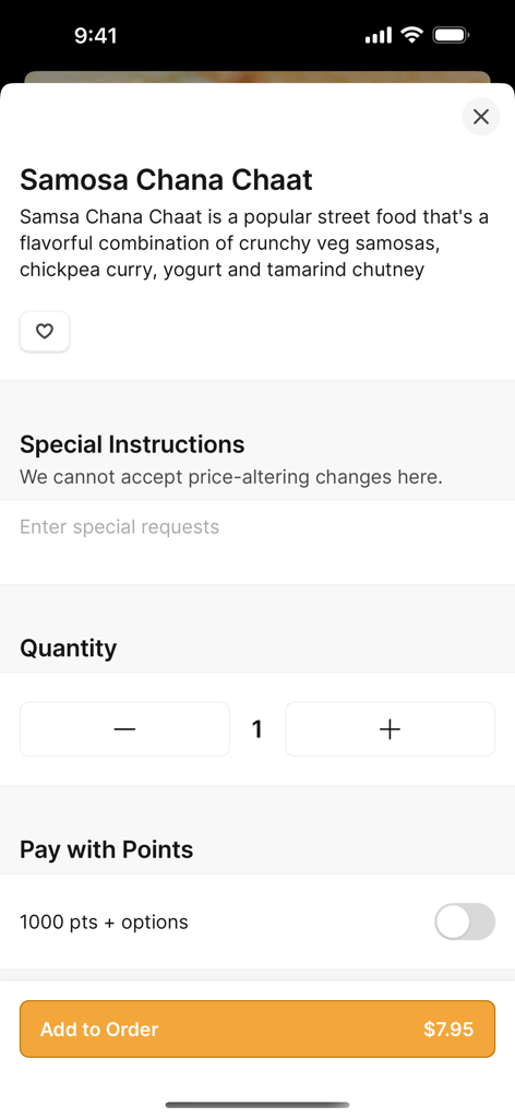 Tandoor Restaurant To Go - A mobile screen from the Tandoor Restaurant app showing the customization and ordering options for Samosa Chana Chaat.