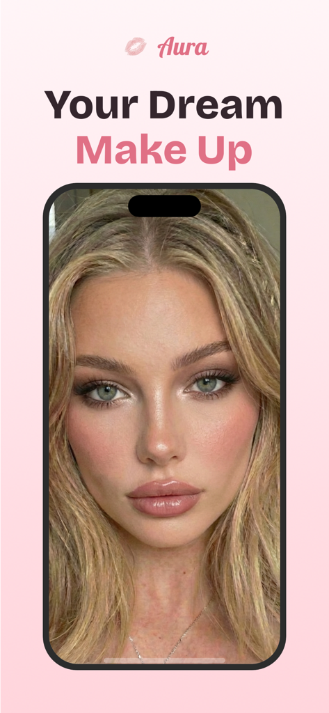 Aura: Your Glow Up Version - Captura de pantalla de la aplicación Aura que muestra una transformación de maquillaje profesional en una mujer con el texto 'Tu maquillaje soñado'.