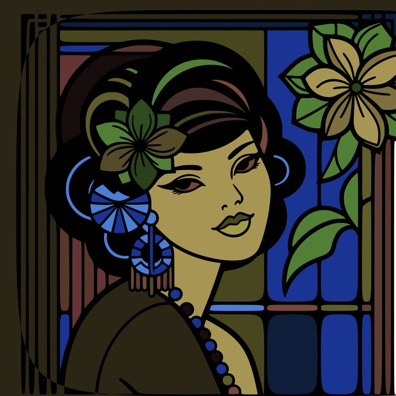 art deco woman hawaiian flower and hair