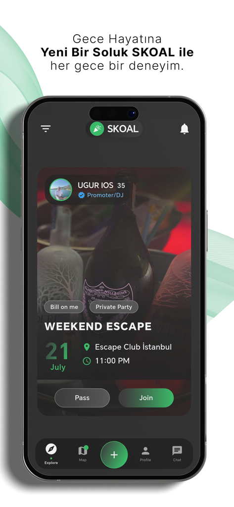 Tanışma, Arkadaşlık & Flört - A screenshot of the Skoal app interface showing a nightlife event invitation with a join button.