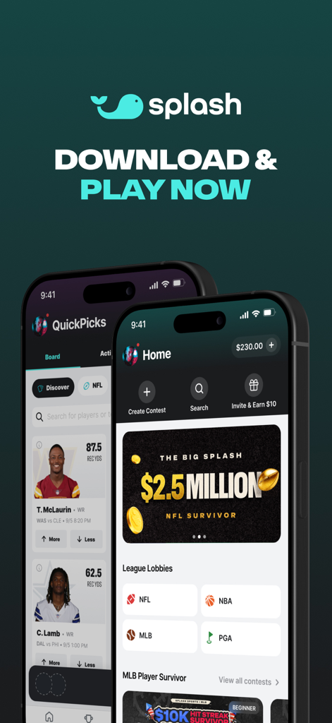 Splash Sports | Survivor & DFS - Two mobile phones displaying the Splash Sports app interface with NFL Survivor contest banners and Quick Picks player cards.