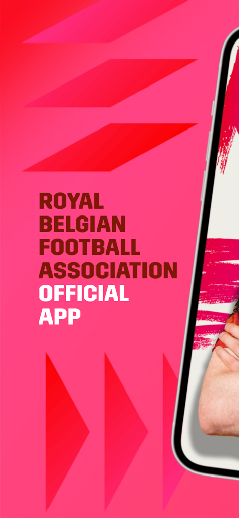 Promotional screen for the Royal Belgian Football Association official mobile app with bold text and pink geometric background