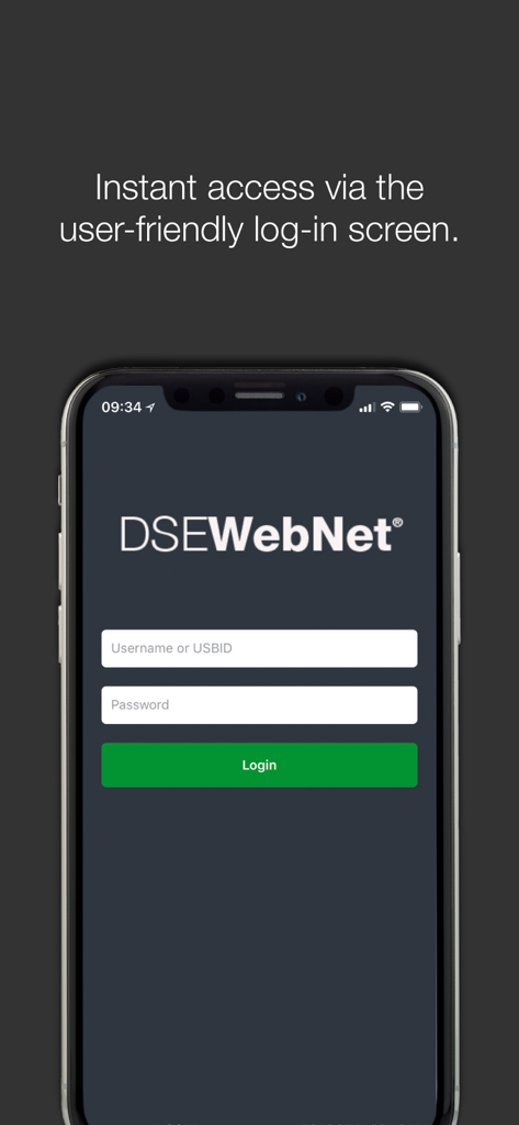 DSE WebNet® - DSE WebNet login screen on a smartphone for remote monitoring access