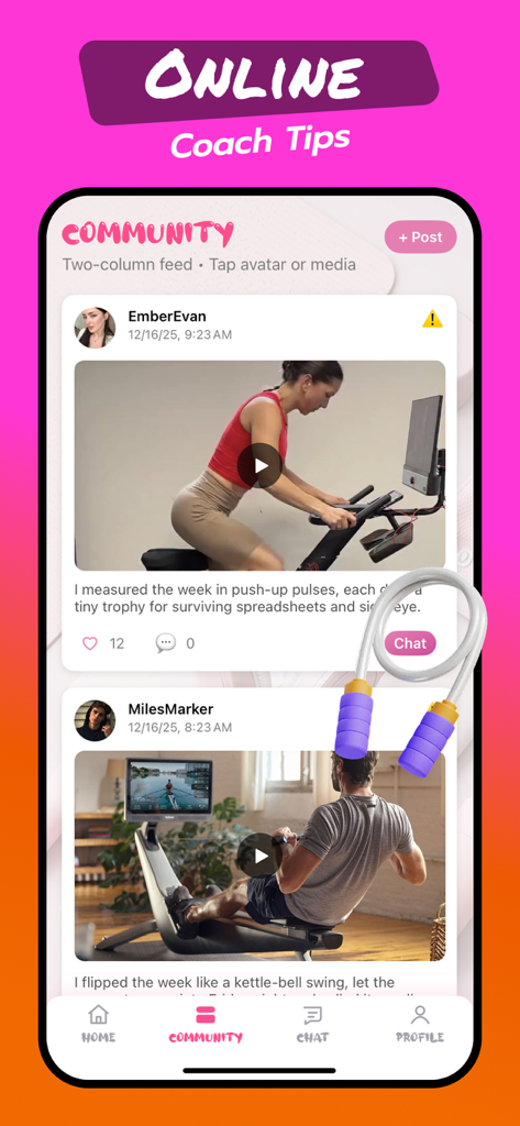 Biva: Fitness & Energy Time - Biva fitness app community interface showing user workout posts and online coach tips