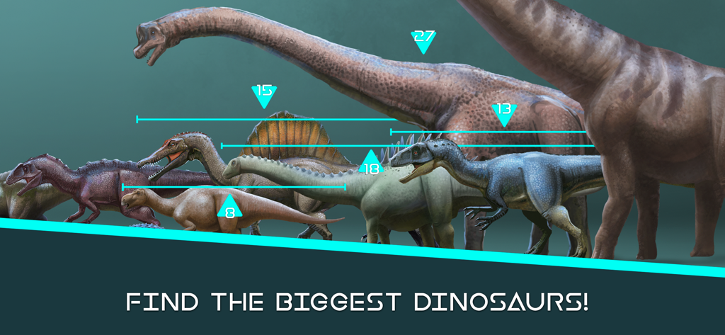 Dinosaur Master! - A lineup of various dinosaurs comparing their sizes with height indicators in the Dinosaur Master app