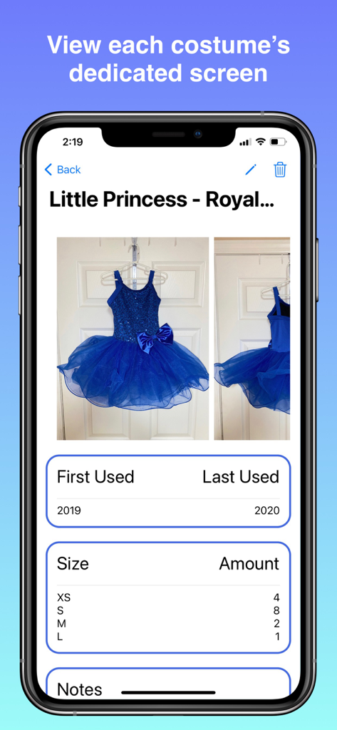 Screenshot of the Costumize app displaying details for a blue costume including photos, sizes, and quantity.