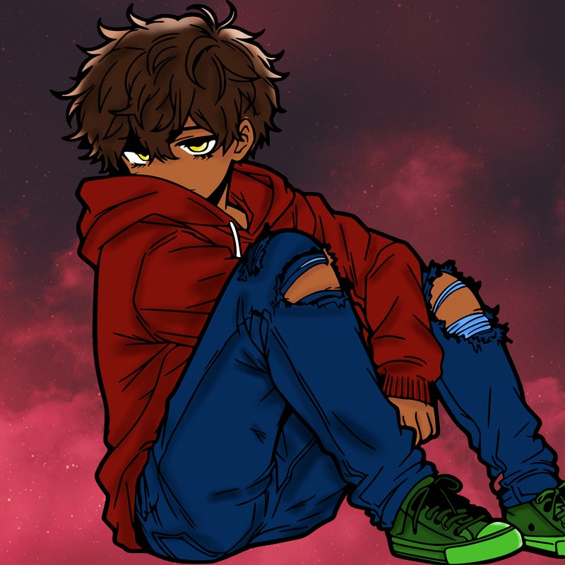 a male hoddie ripped jeans messy hair anime