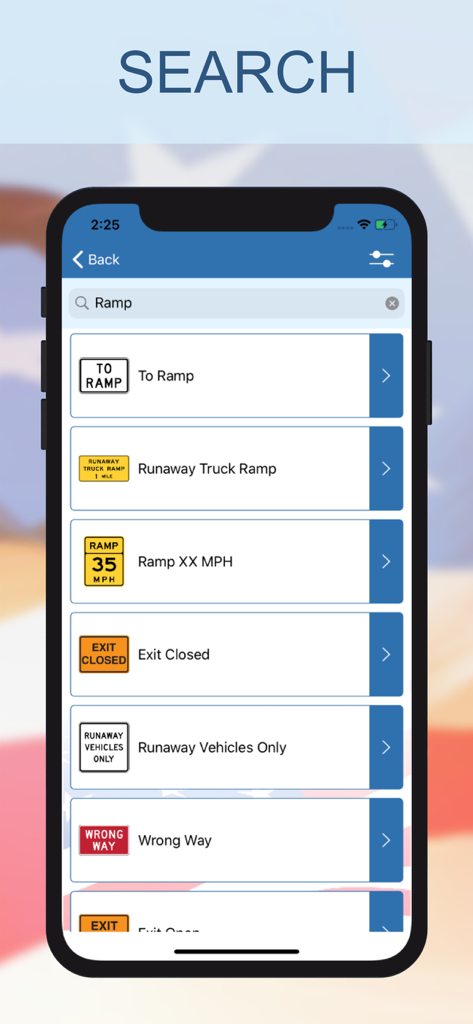 Interface de recherche de l'application Feux de signalisation US montrant une liste de panneaux routiers pour les rampes et les sorties.