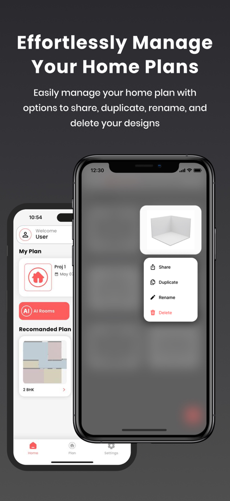 Abode - Home Design & Remodel - Pantallas de iPhone que muestran funciones de gestión de planes de hogar, incluidas opciones para compartir, duplicar y renombrar en la aplicación Abode
