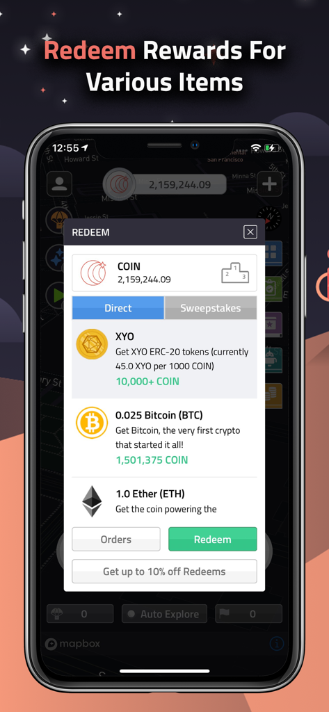 Interface of the COIN app showing options to redeem rewards for Bitcoin and Ethereum.