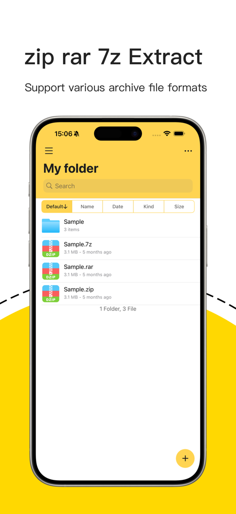 Unzip mobile app interface displaying ZIP RAR and 7Z files in a folder