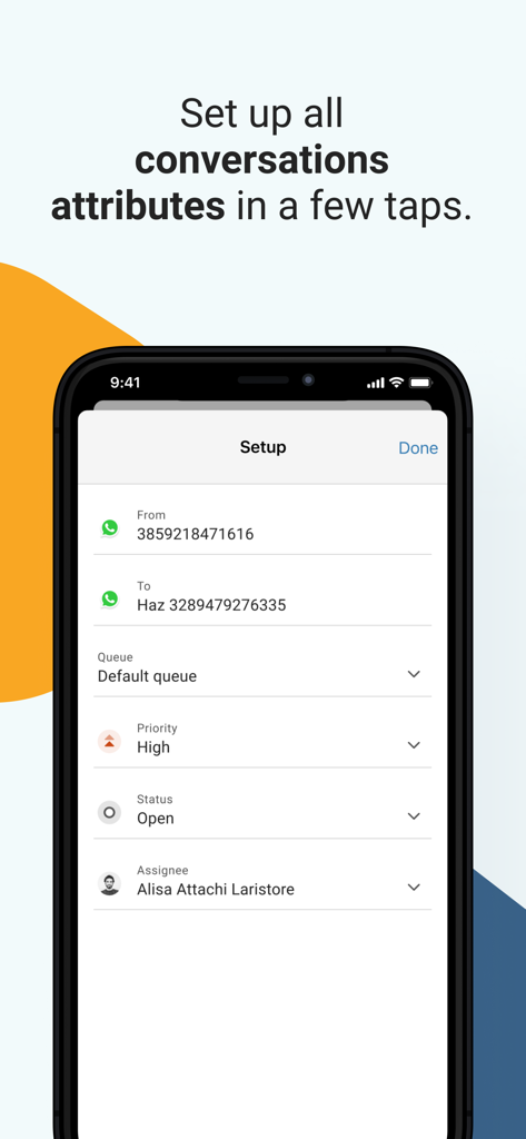 Captura de tela da tela de configuração do aplicativo Infobip Conversations mostrando opções para configurar atributos de conversa como prioridade de fila e atribuído