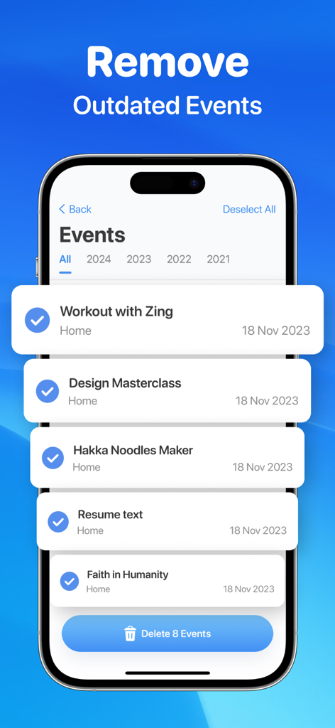 CleanUp Storage: Phone Cleaner - Pantalla de smartphone mostrando la interfaz de la app CleanUp Storage para eliminar eventos obsoletos del calendario.