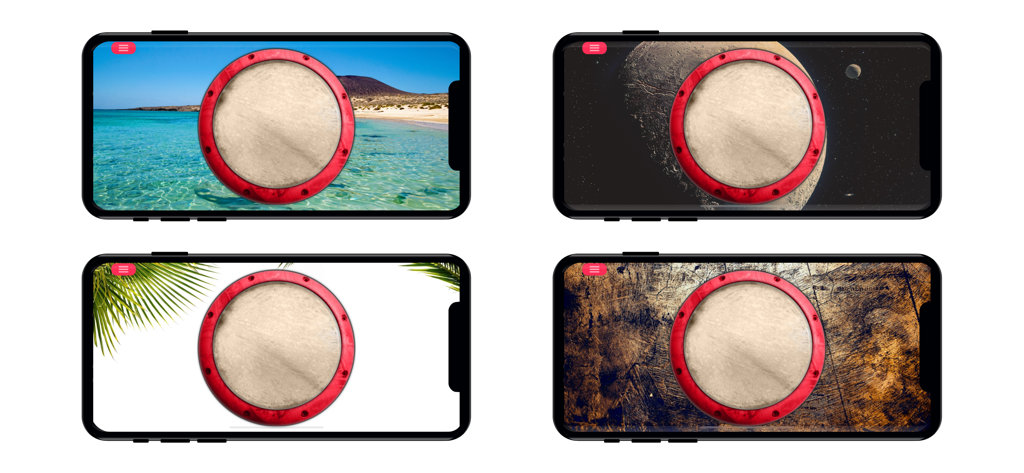 Cuatro pantallas de la aplicación Darbuka percussion mostrando varias opciones de temas de fondo, incluyendo playa y espacio.