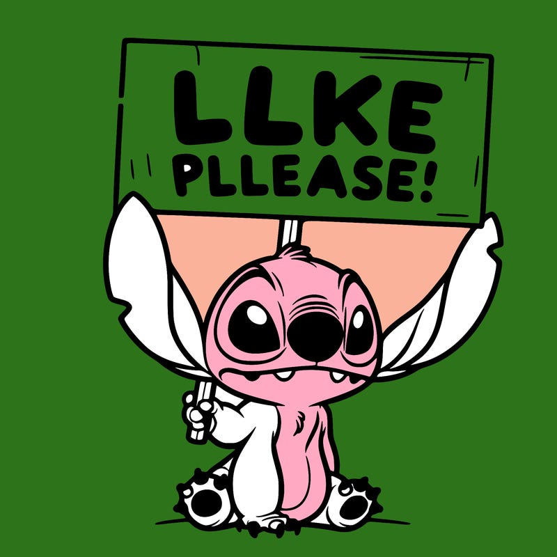 stitch holding a sign saying like please