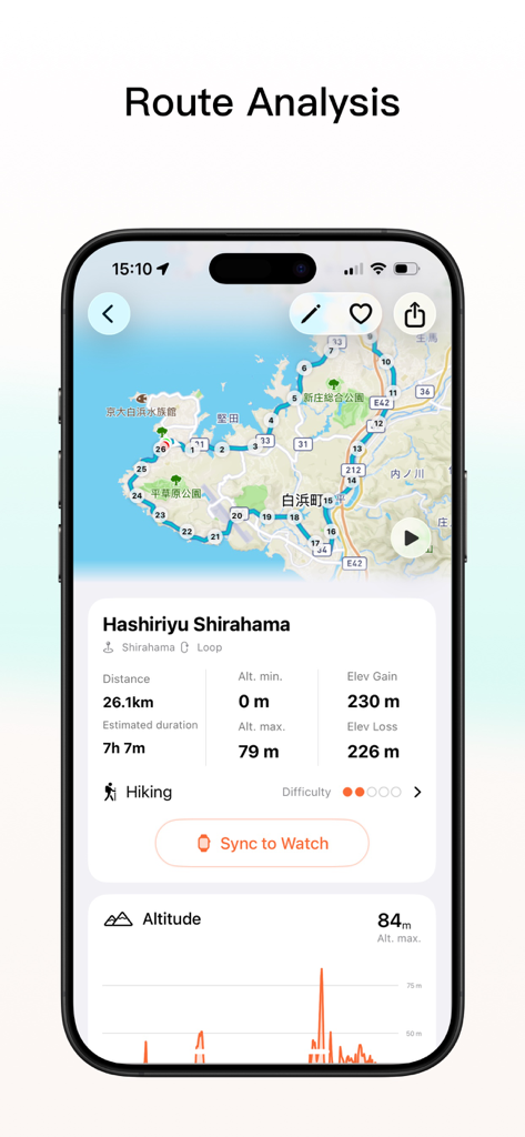 Tooboo - Hiking Trail Guides - Tooboo hiking route analysis screen showing map distance elevation and altitude graph