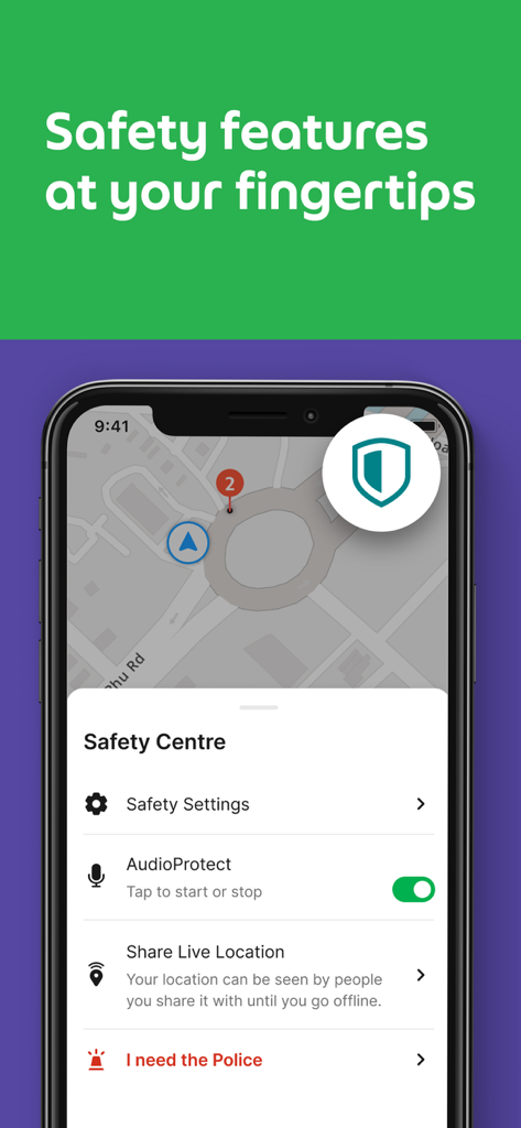 Screenshot of Grab Driver app showing safety features like AudioProtect and live location sharing