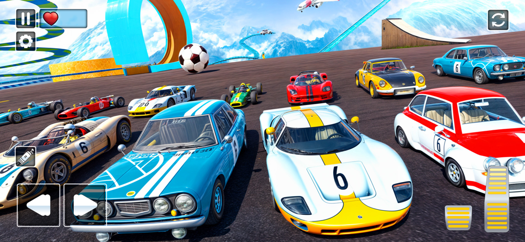 Uma variedade de carros de corrida coloridos em uma pista de manobras 3D com rampas e loops.