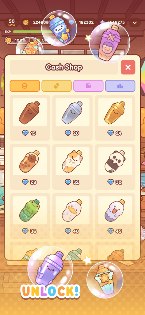 In-game cash shop menu in Boba Tale featuring cute animal-themed drink shakers and character skins to unlock