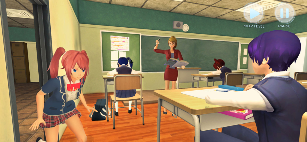 Chica de secundaria de anime escabulléndose de su profesor en un aula