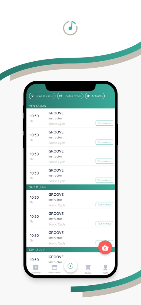 Class schedule for Groove indoor cycling sessions on the Sound Cycle app