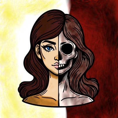 bust of a woman, half face and hair, half skull