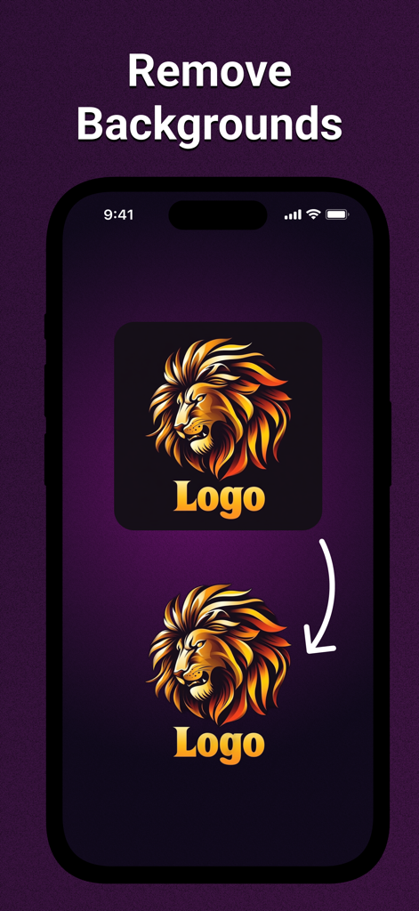 AI Logo Maker: LogoAI - Uma demonstração do recurso de remoção de fundo no LogoAI mostrando um logo de leão antes e depois de remover seu fundo preto.